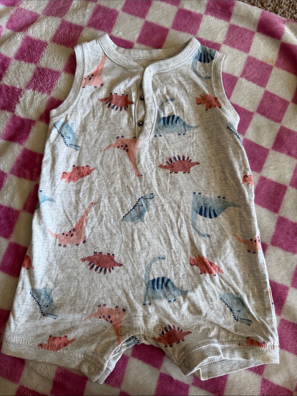 Toddler Gray Dino Print Sleeveless Romper - Pink & Blue